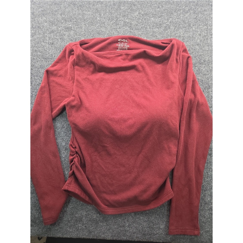 OGL Womens Long Sleeve Ruched Boat Neck Top with Built-in Bra Burgundy Red L